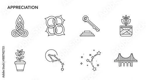 Artistic line art icons symbolizing appreciation, connection, growth, and long-term vision beautifully.