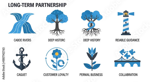 Vibrant collection of blue icons representing long-term partnership, stability, and enduring trust.