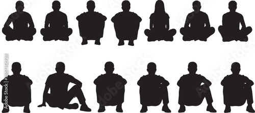 Silhouettes of twelve seated human figures in cross-legged and knees-up postures for gesture, posture, character design, and behavioral study reference