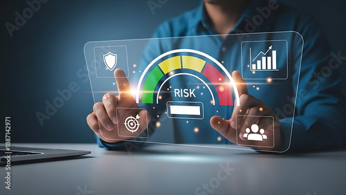 Risk assessment dashboard with gauge meter and business analytics icons, corporate security management concept
