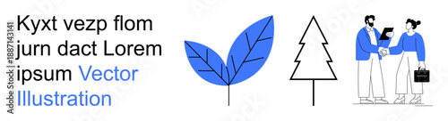 Business teamwork, eco-consciousness, sustainability, modern design, collaboration, graphic elements. Abstract blue leaves, linear tree illustration two professionals shaking hands. Business