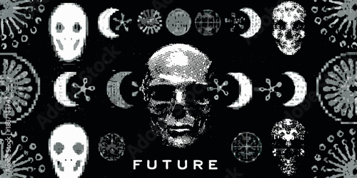 Abstract digital art featuring skulls moons and starbursts on a dark background