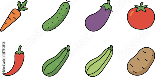 Hand-Drawn Fresh Vegetable Icon Set Featuring Carrot, Cucumber, Eggplant and More