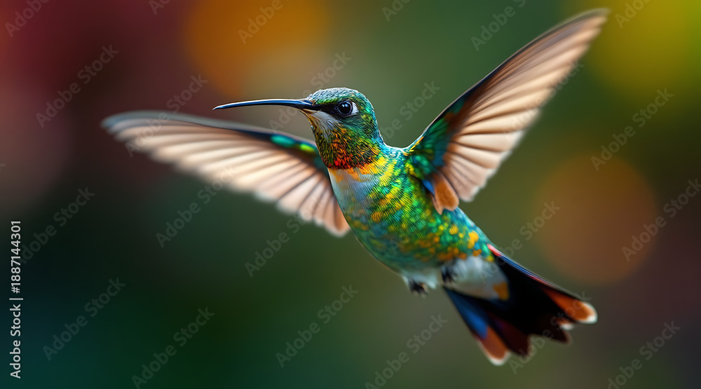 Obraz premium Hummingbird in Flight, Vibrant Colors and Bokeh Background