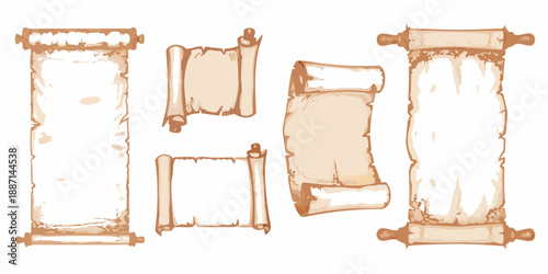 A collection of antique parchment scrolls with varying shapes and sizes