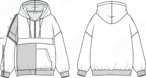 Fashion flat of an oversized anorak hoodie with half zip, chest pocket, color block detail, and elasticated cuffs and hem