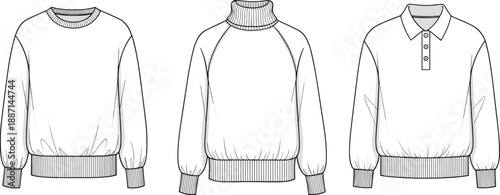 Fashion flat of three different styles of women's long sleeve tops showcasing crew neck, turtleneck, and polo collar with ribbed cuffs and hems