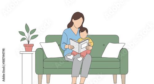 Mother and child reading a book together on a sofa.