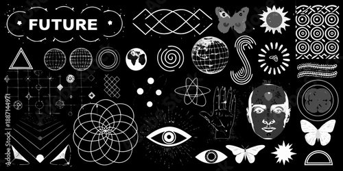 An abstract collection of celestial organic and symbolic white shapes on black