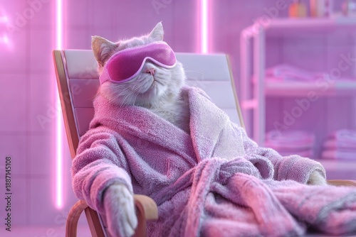 Cat relaxes in robe and sleep mask while sitting in chair in a spa-like room at night
