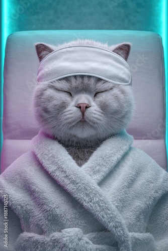 Cat relaxes in a spa setting wearing a robe and headband while enjoying a treatment