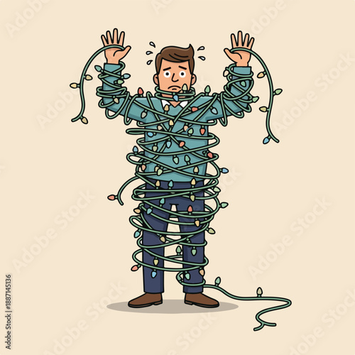 Man tangled in Christmas lights having a stressful moment alone