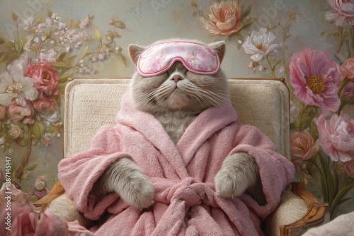 Cat wears sleep mask and robe while relaxing in a chair surrounded by flowers indoors