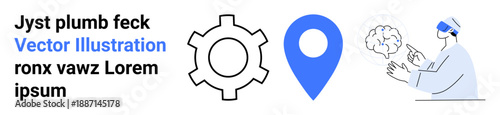 Gear, map pointer, and VR engineer interacting with a digital brain model. Ideal for innovation, technology, navigation, design, future concepts, VR solutions simple landing page