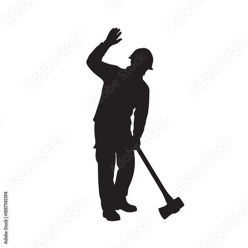 Construction worker silhouette waving hand with sledgehammer in dark monochrome style for labor icon