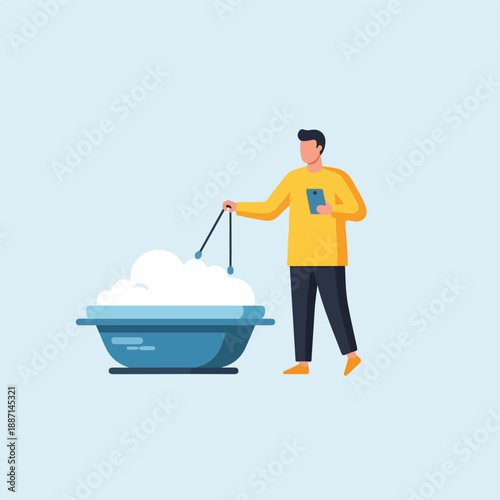 Man washing clothes in a large blue tub with a tablet