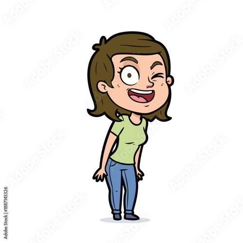 Cartoon woman with brown hair smiling and winking on white background