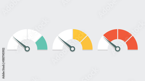 Speedometer gauges with colorful needles on a light gray background showing progress