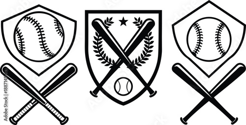 Baseball sports logos with bats and balls shields and equipment icons