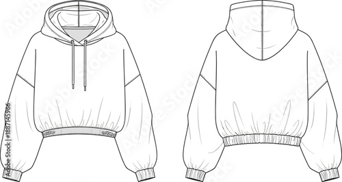 Flat fashion of a white cropped hoodie with a patterned elastic waistband and balloon sleeves shown front and back