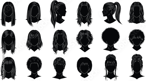 Collection of diverse black female hair silhouettes with different hairstyles isolated on white background for beauty salon design and fashion vector illustration set