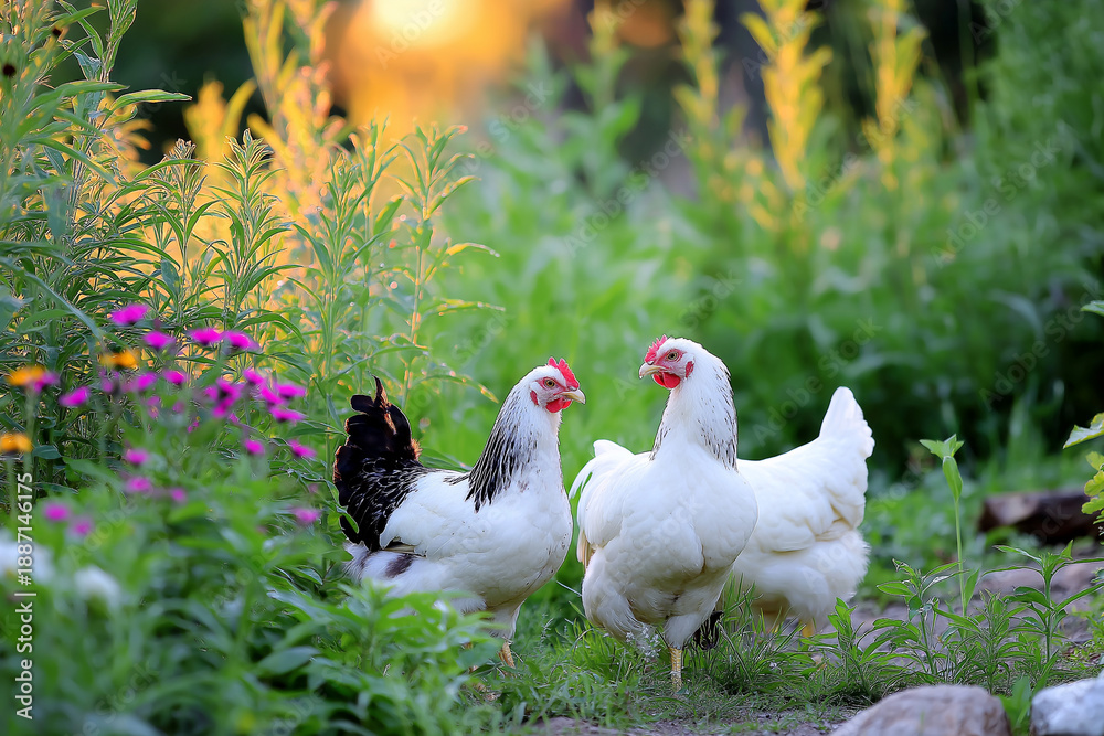 Fototapeta premium Freedom Ranger chickens are gathered in a lush garden with vibrant flowers and greenery, showcasing their distinctive plumage and natural habitat during golden hour light