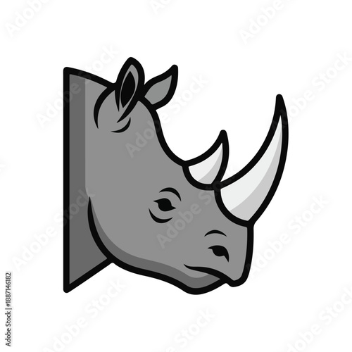 Gray rhinoceros head with white horn on white background