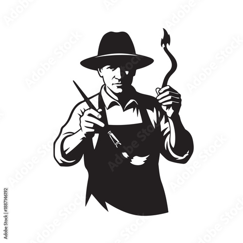 Tattoo Artist in Black Apron Holding Tattoo Machine and Needle in Monochrome Illustration Style for Branding