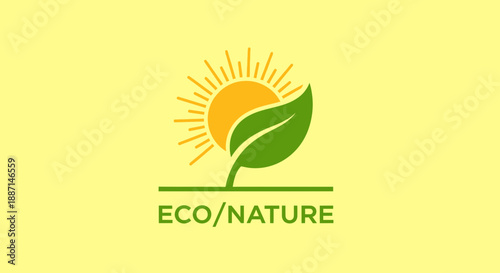 Eco-Friendly Emblem with Sun and Leaf Represents Nature, Environment and Sustainable Practices