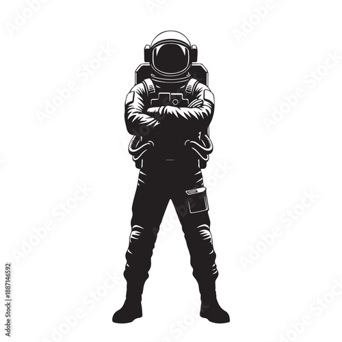 Astronaut in spacesuit with arms crossed in bold black silhouette on white background for sci-fi illustration