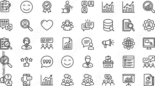 Business icons, communication symbols, teamwork graphics, customer service visuals, data analysis, checklist, mobile, chat, presentation, document, gear, feedback, collaboration, chart, database