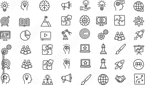 Business icons, creativity symbols, strategy graphics, teamwork elements, innovation ideas, problem-solving visuals, planning tools, productivity design, leadership concept, abstract thinking