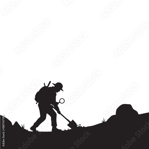 Silhouette of archaeologist digging with shovel in dramatic outdoor landscape with dark shadows for adventure