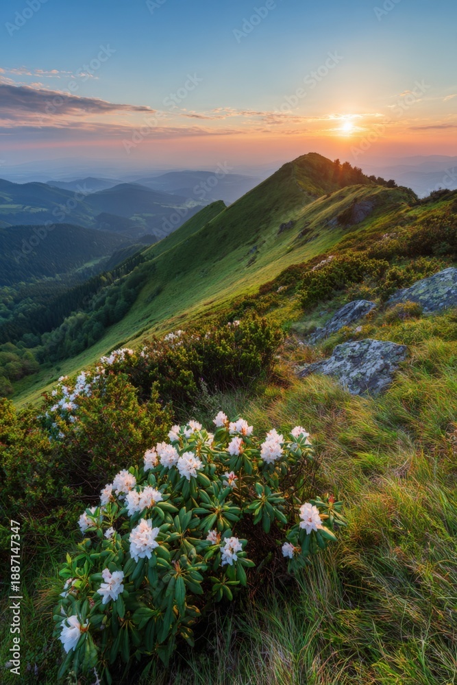 Fototapeta premium Sunset over mountain ridge with blooming flowers and rolling hills landscape