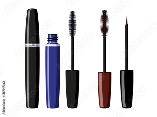 An array of four cosmetic products including mascara and eyeliner applicators