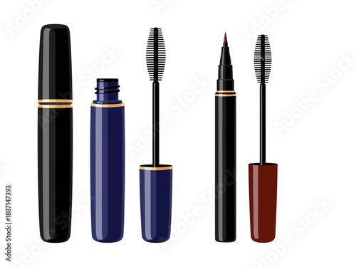 Assortment of closed and open black blue and brown cosmetic tubes with applicators