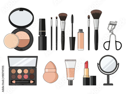 Collection of various makeup products and tools illustrated on a white background