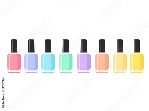 Eight pastelcolored nail polish bottles in a horizontal row