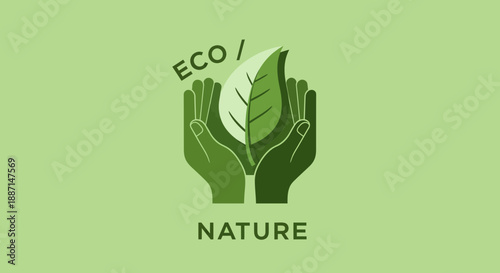 Eco Friendly Symbol Illustrating Nature Conservation Using Hands And Leaf In Minimalist Style