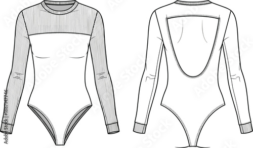 Fashion flat of a long-sleeved bodysuit with ribbed texture on sleeves and upper chest area and a deep scoop back