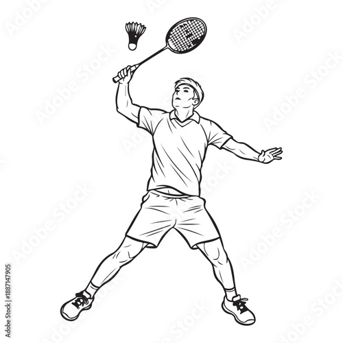 Black Line Art Male Badminton Player Hitting Shuttlecock Isolated