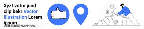 Social media, location tracking, digital payments, cryptocurrency, online feedback, financial technology. Thumbs up icon, pin symbol person mining coins. Social media and location tracking concepts