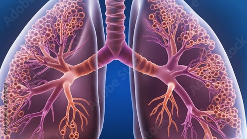 Visual depiction of the human lungs showing the trachea and bronchi, with an animation of the alveoli