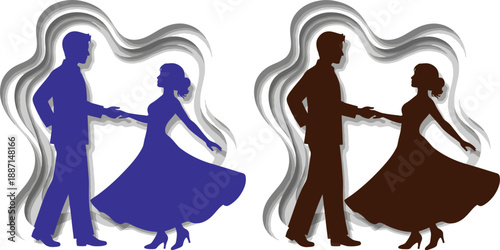 Layered paper cut style silhouettes of dancing couples, expressing elegance and movement