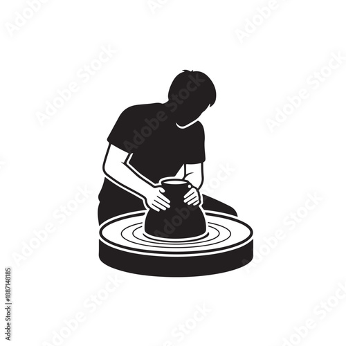 Potter shaping clay on wheel in minimalist black silhouette with soft studio lighting for craft