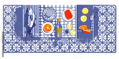 A stylized overhead view of a mediterranean food arrangement on tile