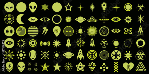 A vibrant collection of glowing neon green alien space and celestial icons
