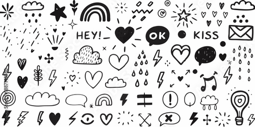Collection of hand drawn doodles including hearts lightning clouds and positive messages