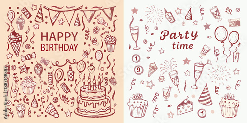 Hand drawn birthday party doodles and sketches with celebratory elements