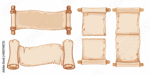 A collection of vintage parchment scrolls with aged and decorative elements